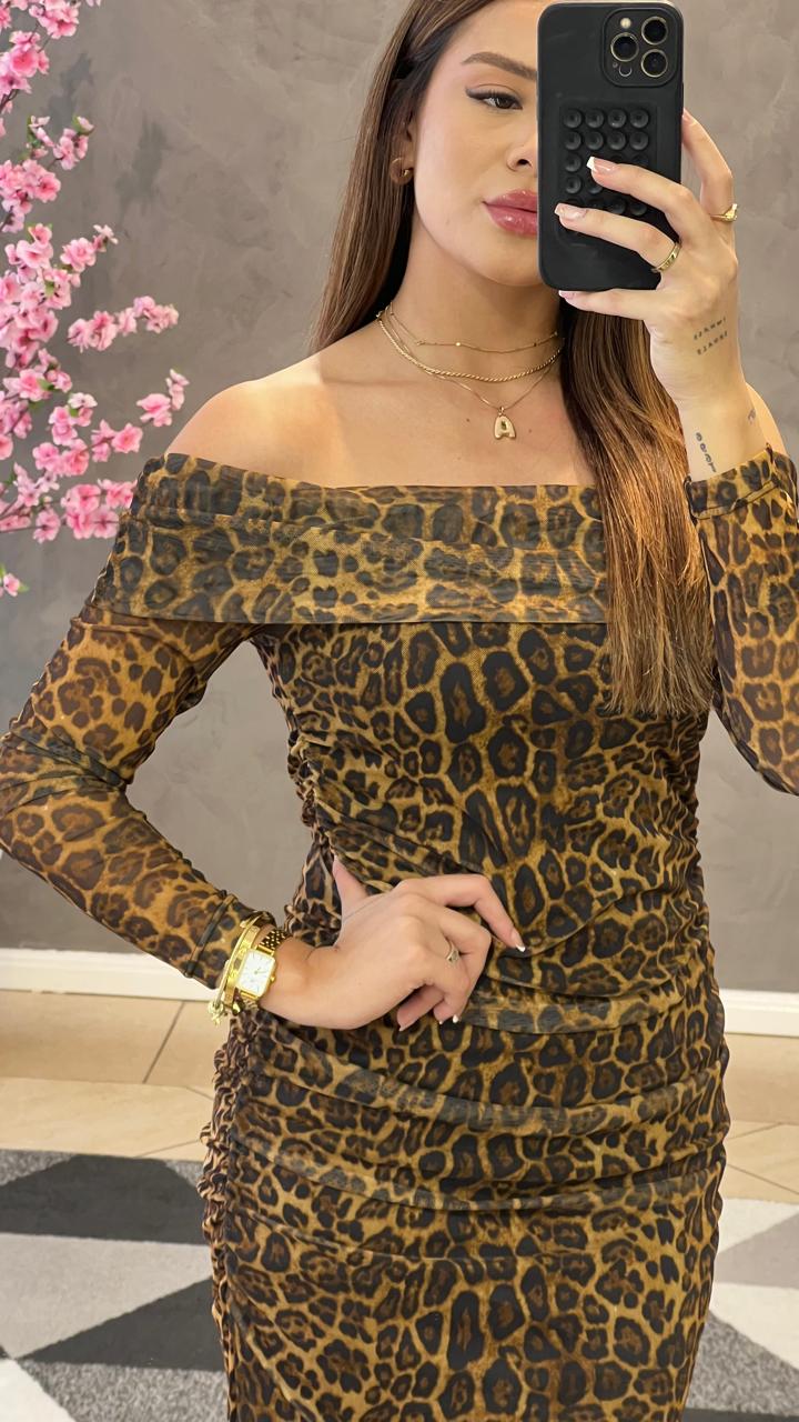 Vestido Animal Print Ombro a Ombro